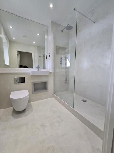 Bermondsey bathroom second angle showing walk-in shower with microcement finish