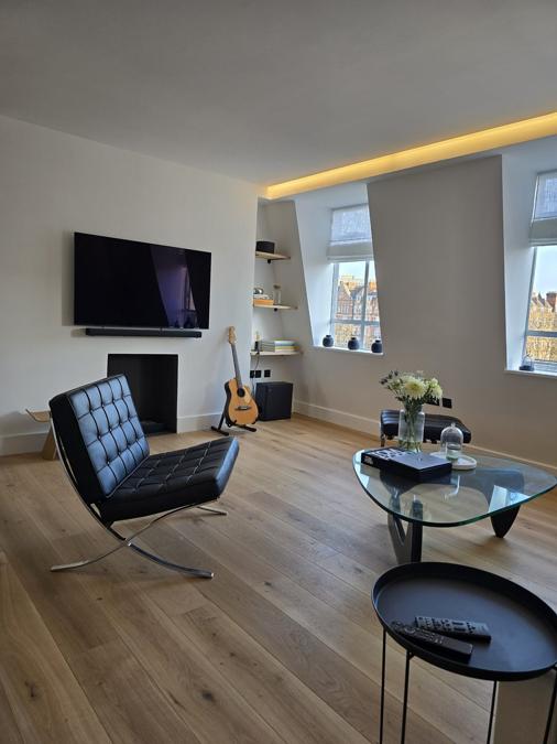 Open-plan kitchen and living space created during the Marylebone flat refurbishment