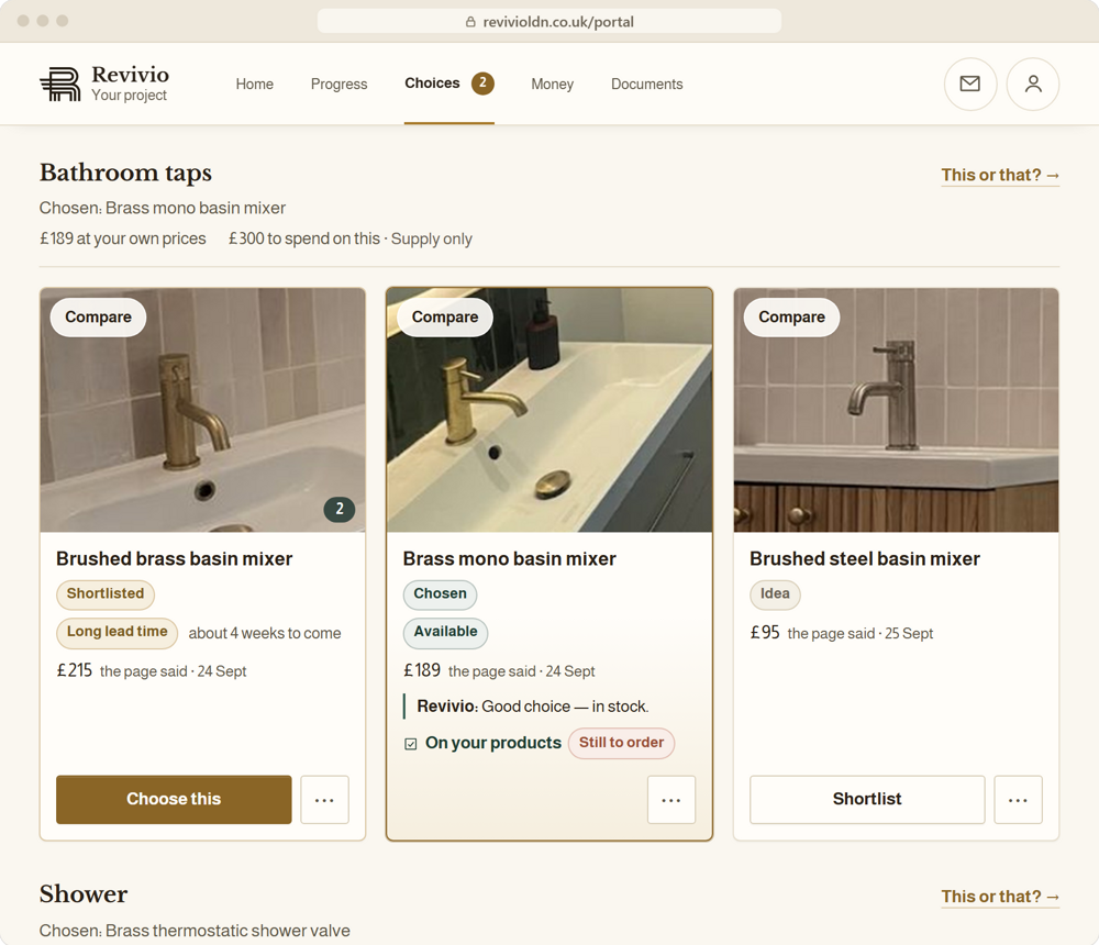 The idea board in the Revivio client portal: three bathroom taps as picture cards, one shortlisted with a long lead time, one chosen and on the client's products list, one still an idea
