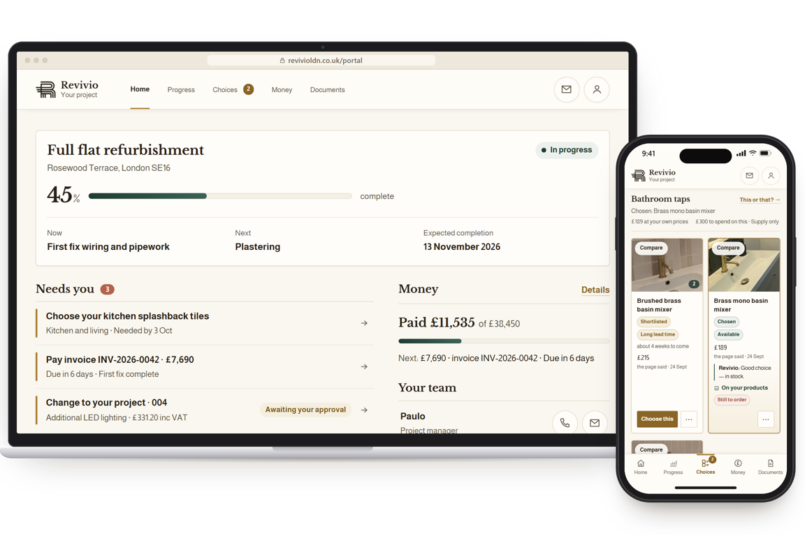The Revivio client portal on a laptop and a phone: the laptop shows a flat refurbishment at 45% complete with what needs the client and the next payment, and the phone shows the client's idea board of bathroom taps