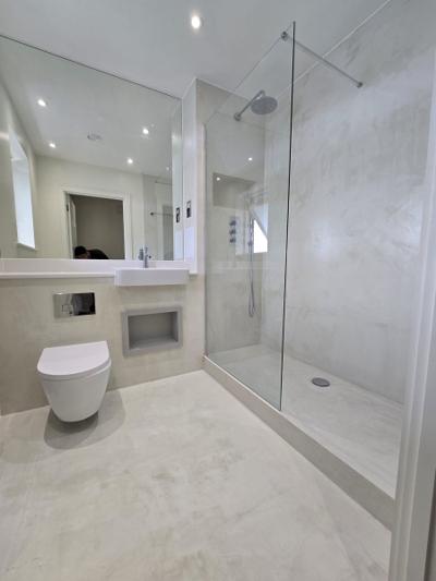 Bermondsey bathroom second angle showing walk-in shower with microcement finish