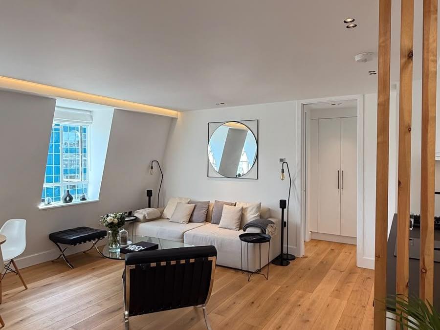 Open-plan kitchen and living space in a Marylebone flat, with the kitchen run along one wall