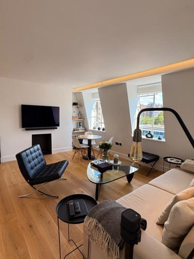 Marylebone living room second wide view with fireplace and dining nook