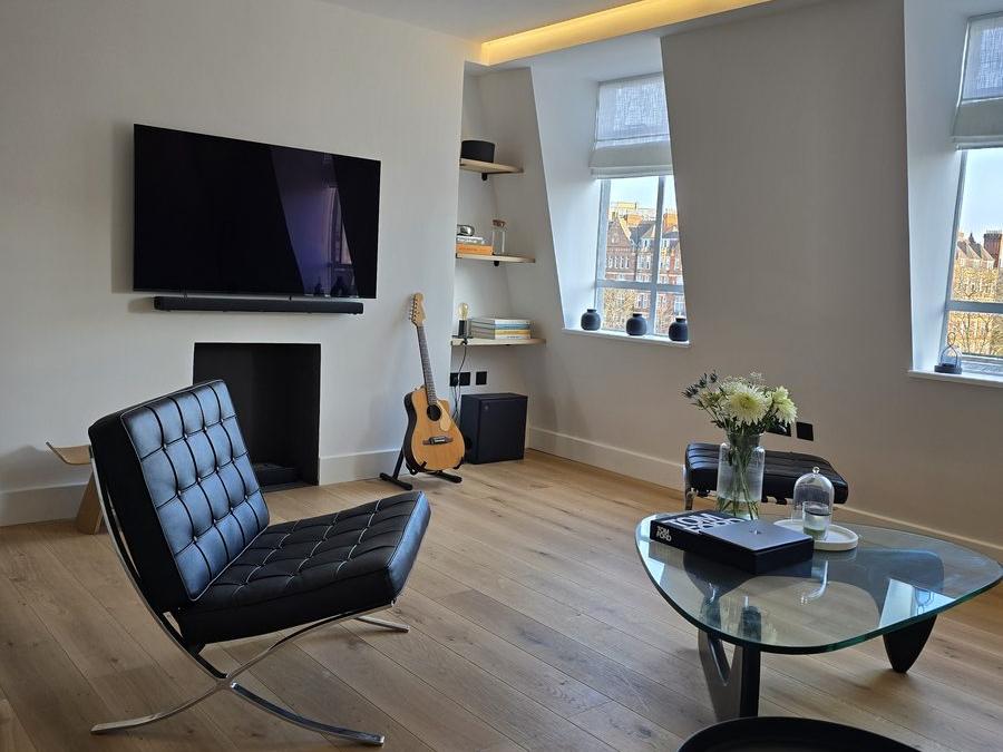 Open-plan kitchen and living space created during the Marylebone flat refurbishment